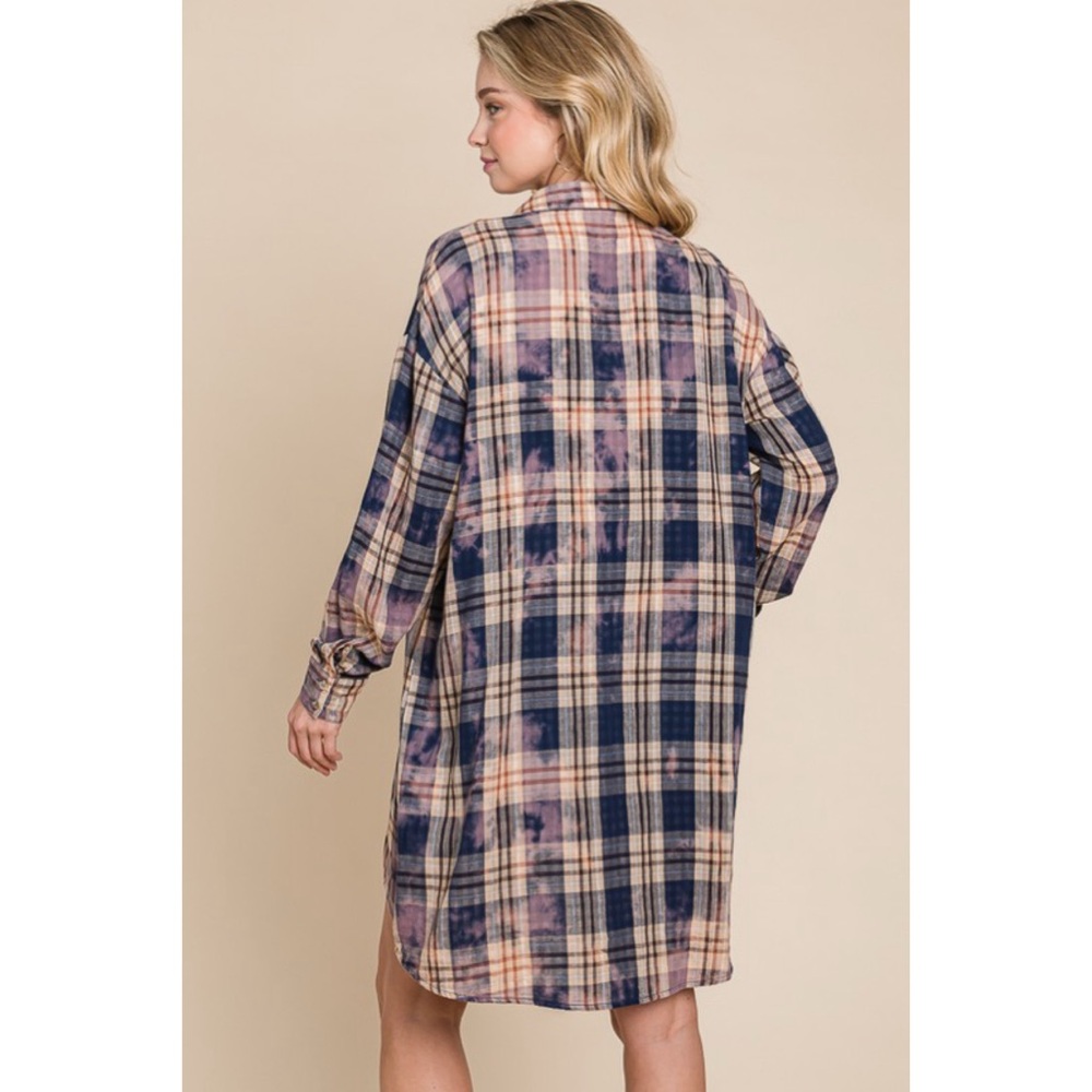 NEW! Cotton Soft Blue/Purple Plaid - Tie Dye Button Down Shirt Dress or Cardigan - Picture 10 of 11